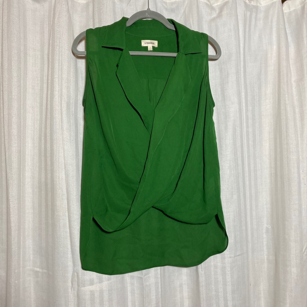 L'AGENCE Green 100% Silk Sleeveless Wrap Front Blouse PS Minimalist *Read*